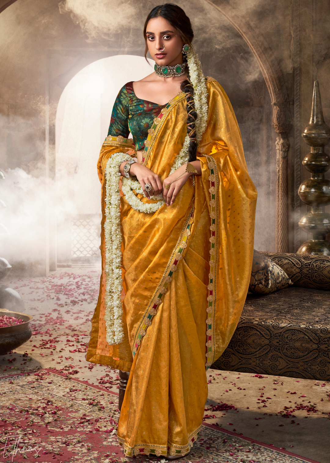 Mustard Gold Pom-Pom Border Tissue Silk Saree