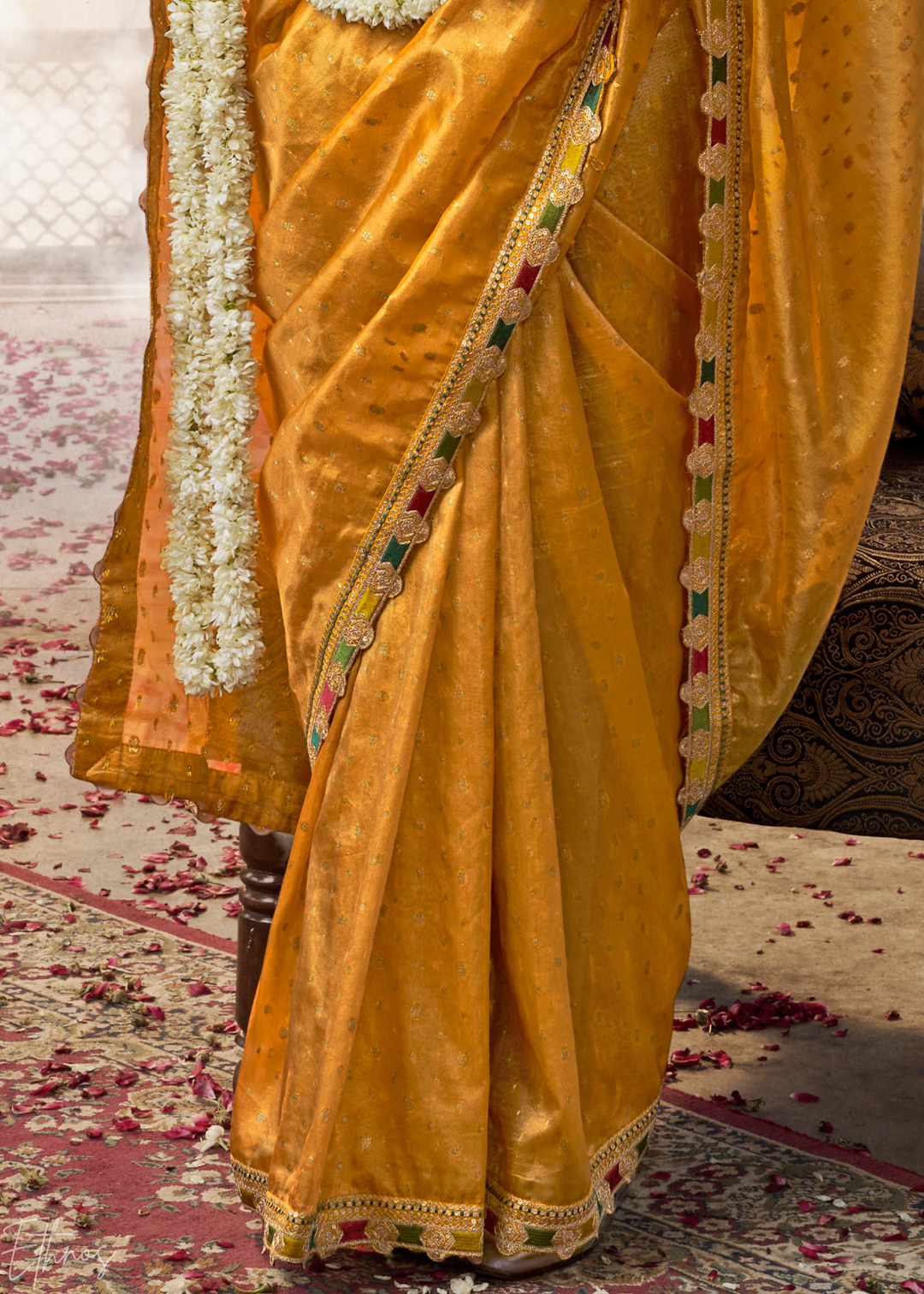 Mustard Gold Pom-Pom Border Tissue Silk Saree