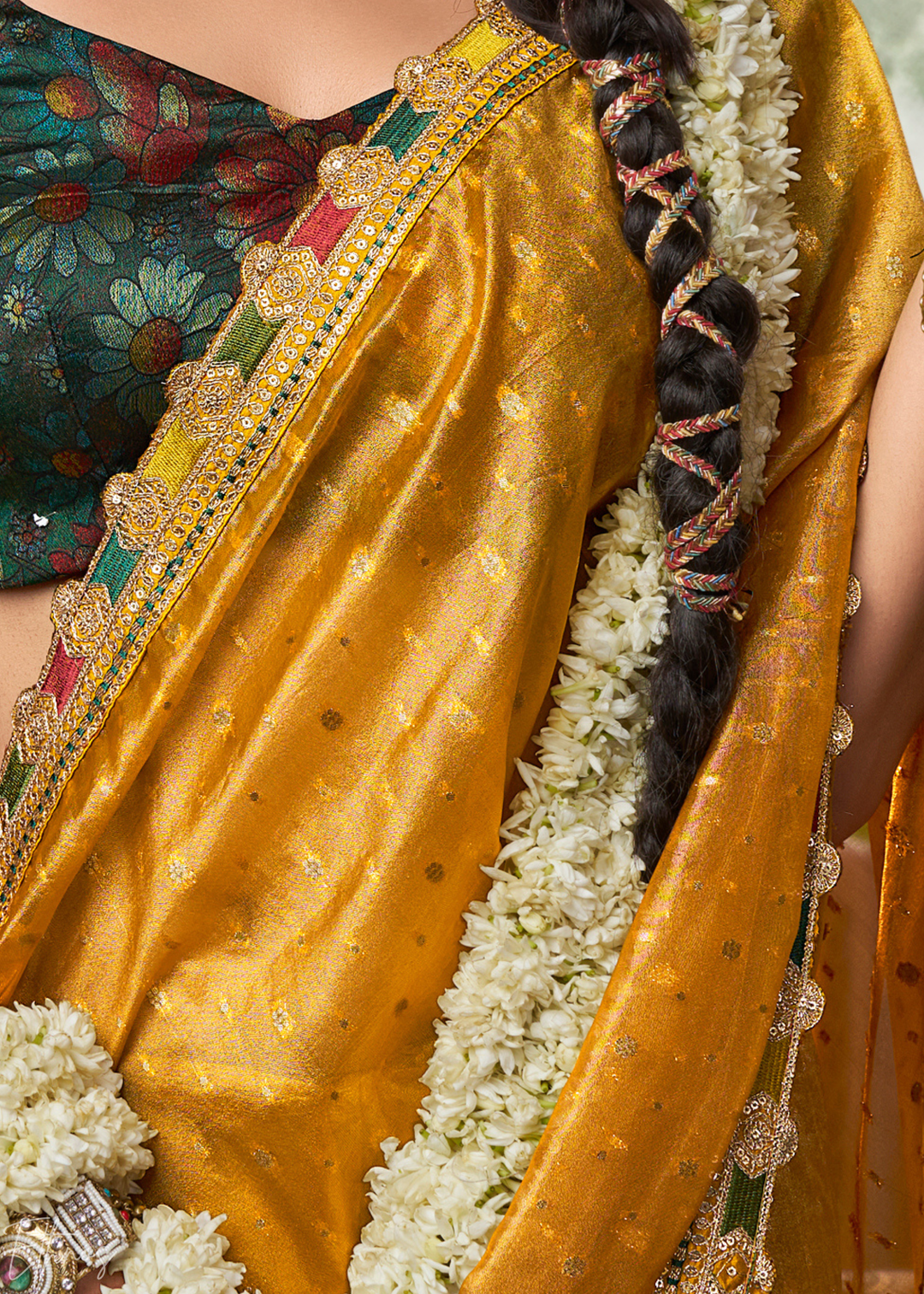 Mustard Gold Pom-Pom Border Tissue Silk Saree