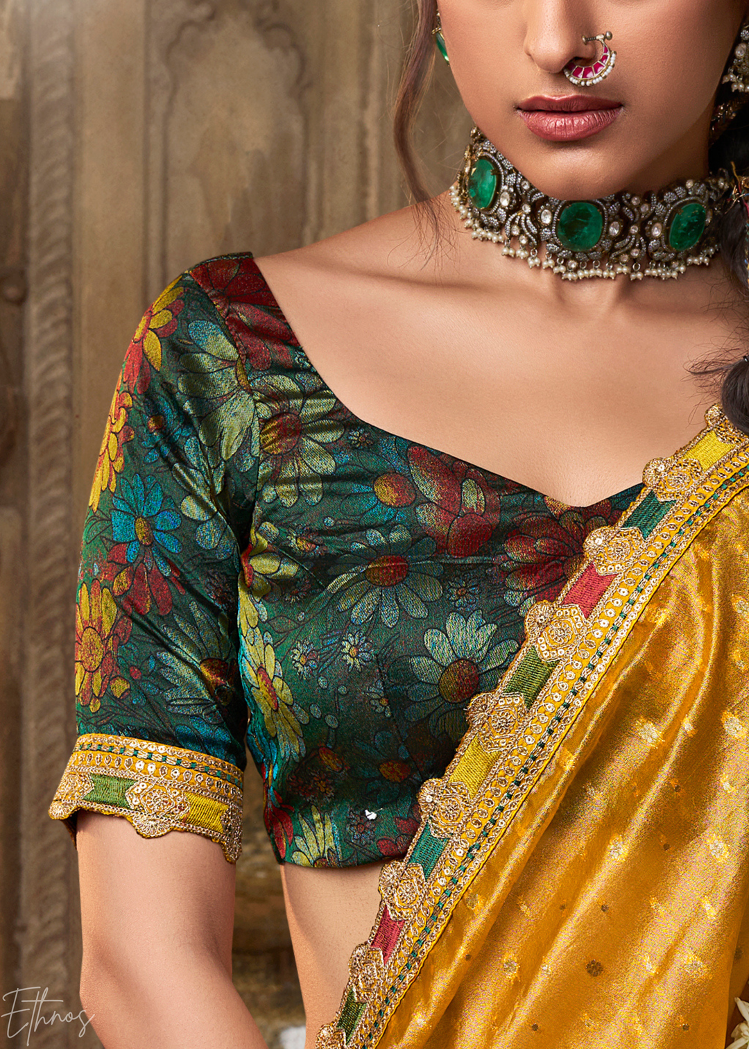 Mustard Gold Pom-Pom Border Tissue Silk Saree