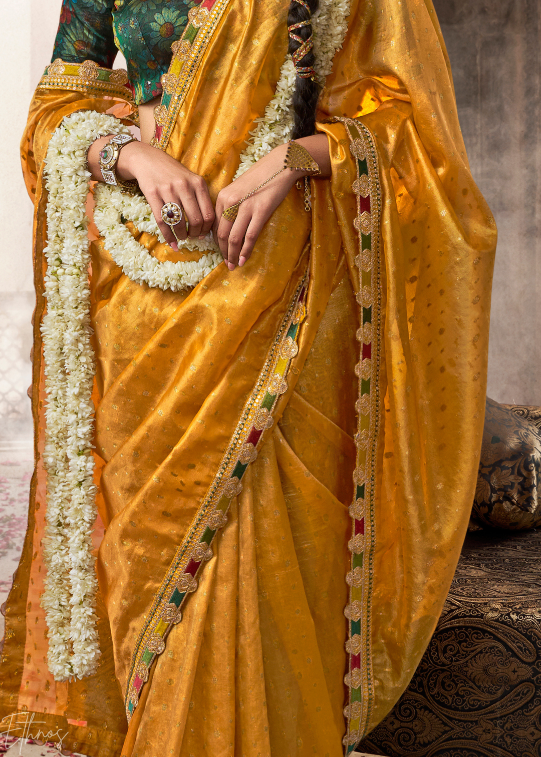Mustard Gold Pom-Pom Border Tissue Silk Saree
