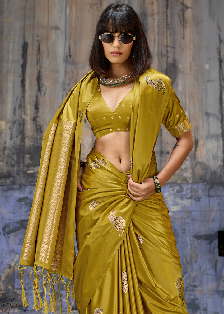 Mustard Majestic Feline Banarasi Satin Silk Saree