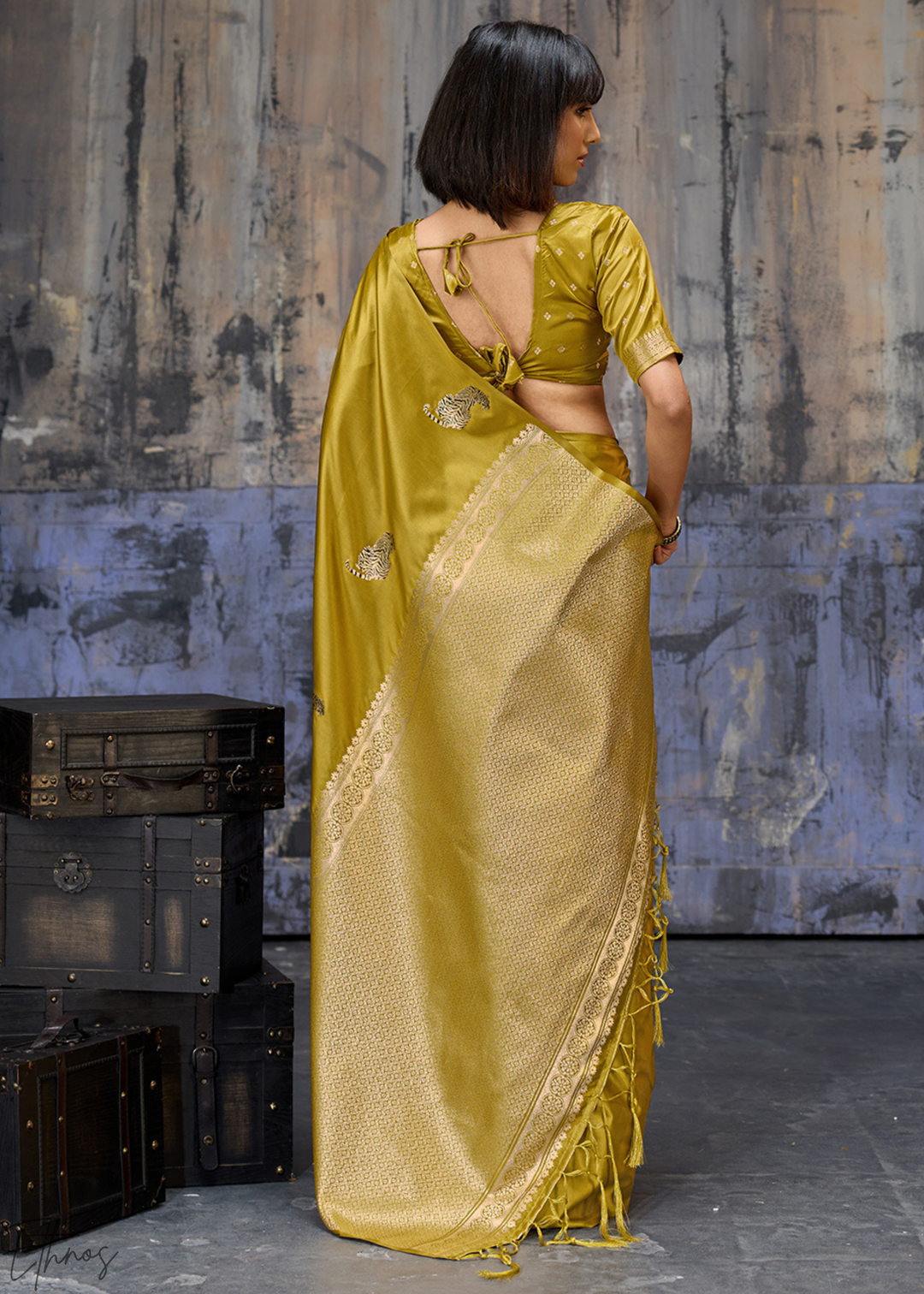 Mustard Majestic Feline Banarasi Satin Silk Saree