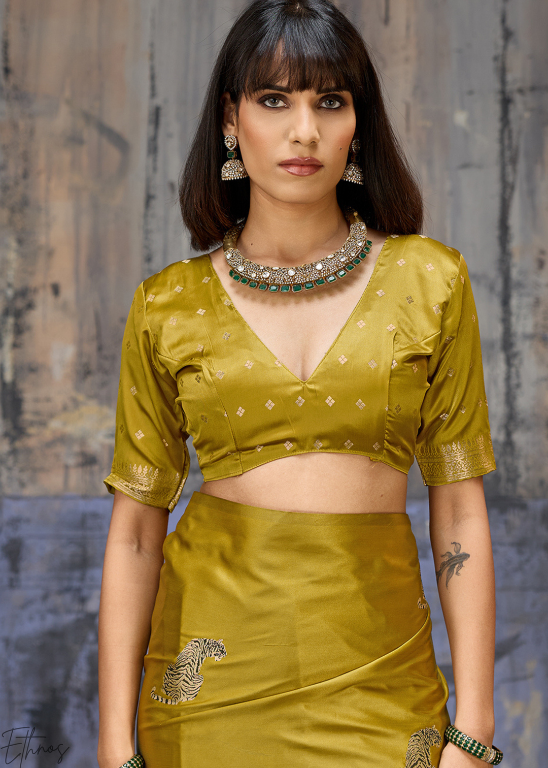 Mustard Majestic Feline Banarasi Satin Silk Saree