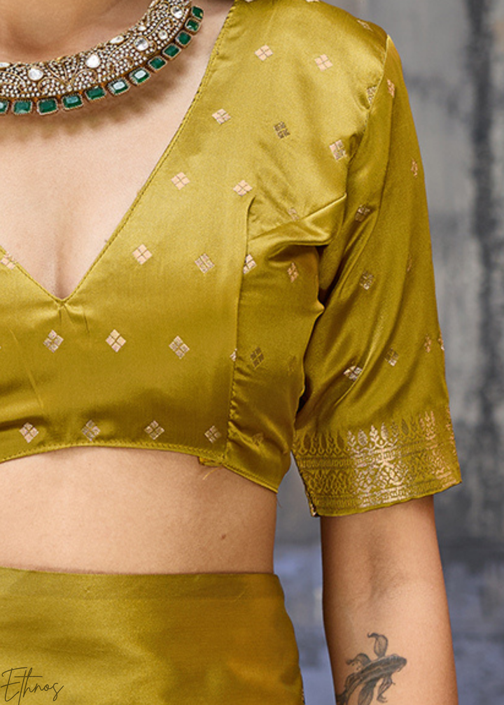 Mustard Majestic Feline Banarasi Satin Silk Saree