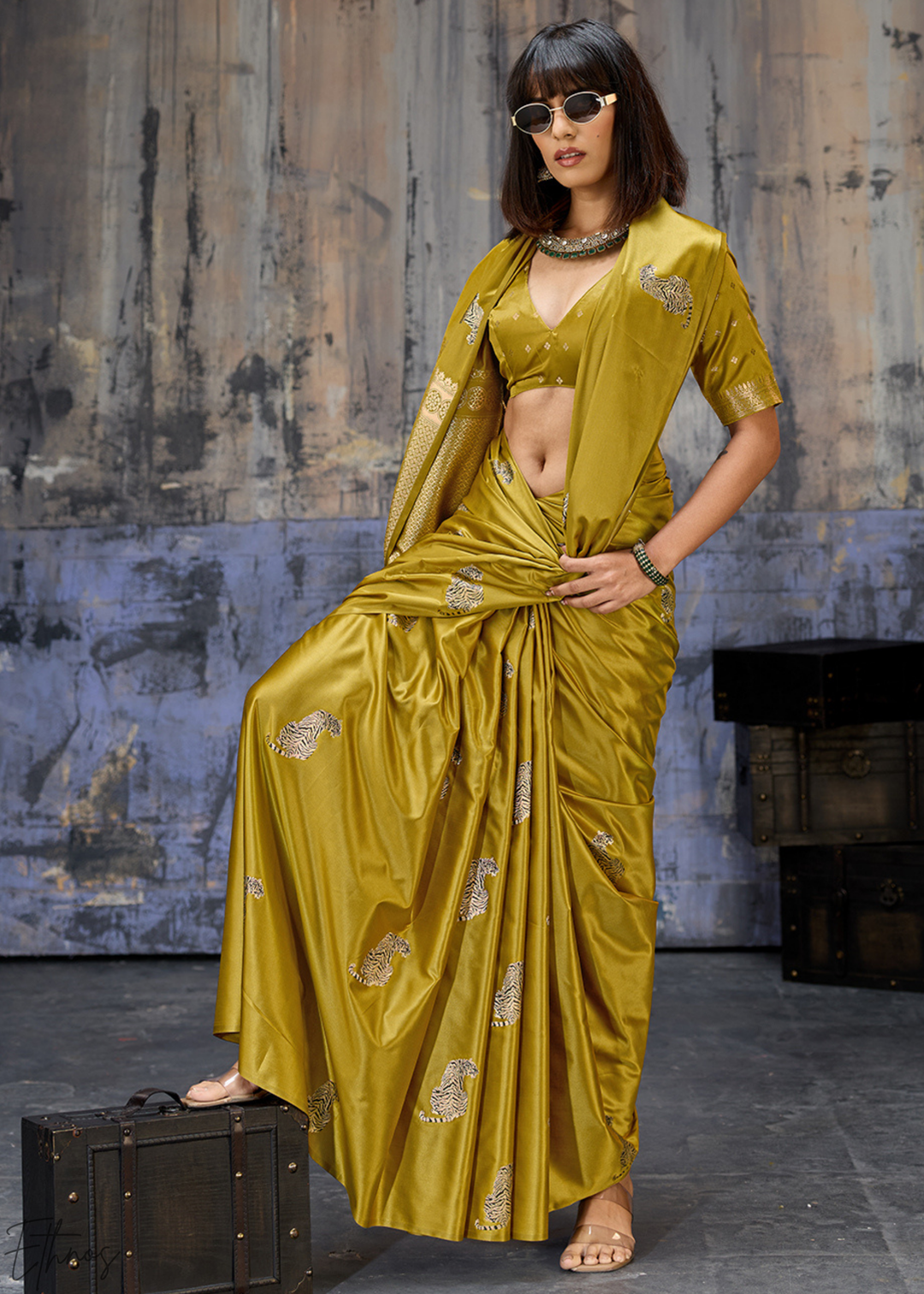 Mustard Majestic Feline Banarasi Satin Silk Saree