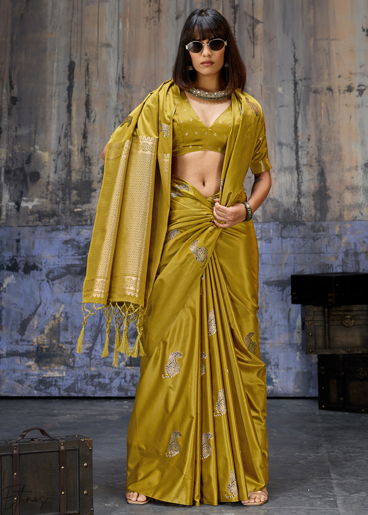 Mustard Majestic Feline Banarasi Satin Silk Saree