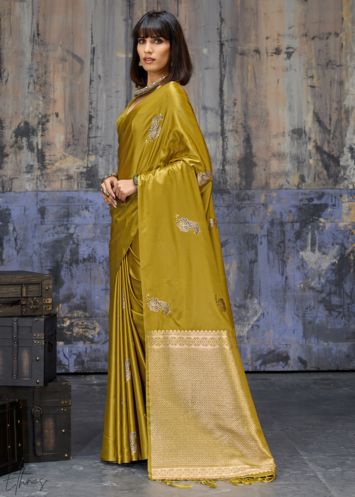 Mustard Majestic Feline Banarasi Satin Silk Saree