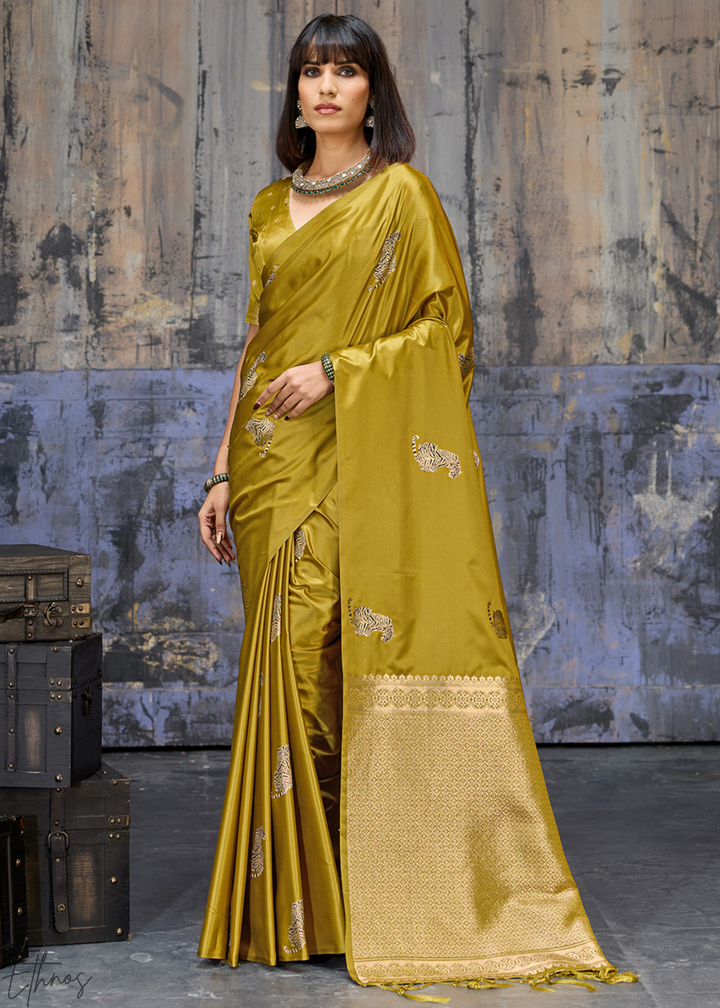 Mustard Majestic Feline Banarasi Satin Silk Saree