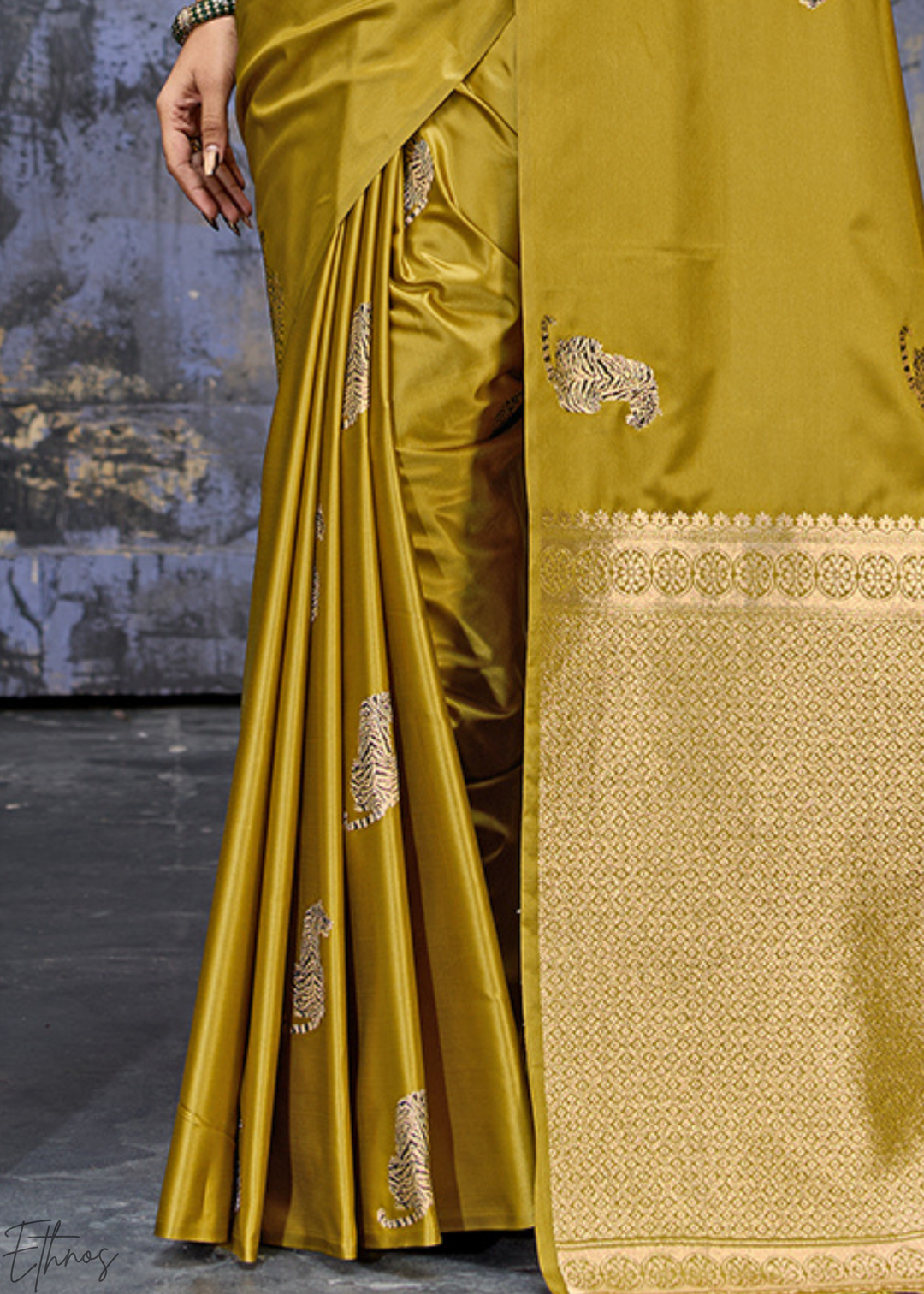 Mustard Majestic Feline Banarasi Satin Silk Saree