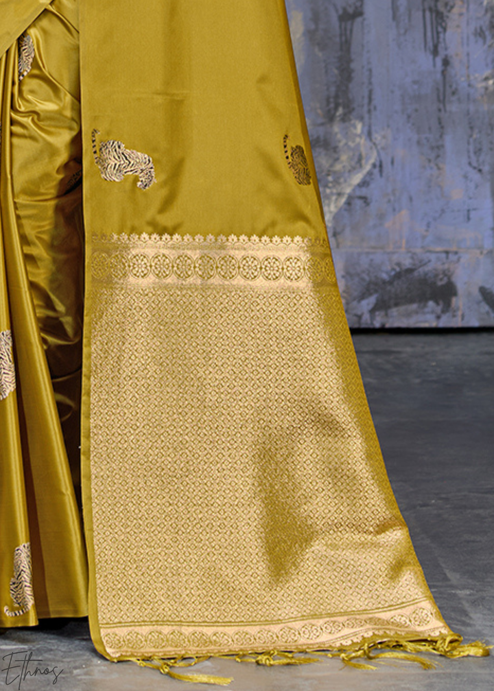 Mustard Majestic Feline Banarasi Satin Silk Saree