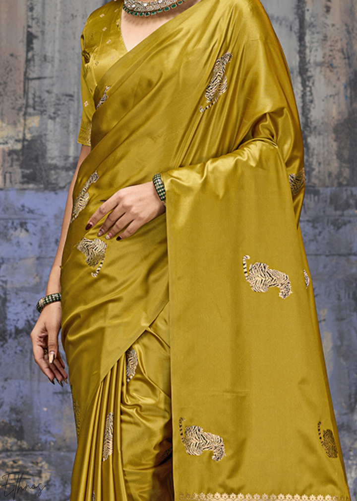 Mustard Majestic Feline Banarasi Satin Silk Saree