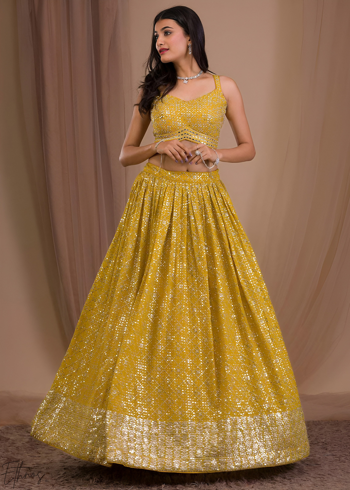 Mustard Gold Vertical-Stripe Georgette Lehenga