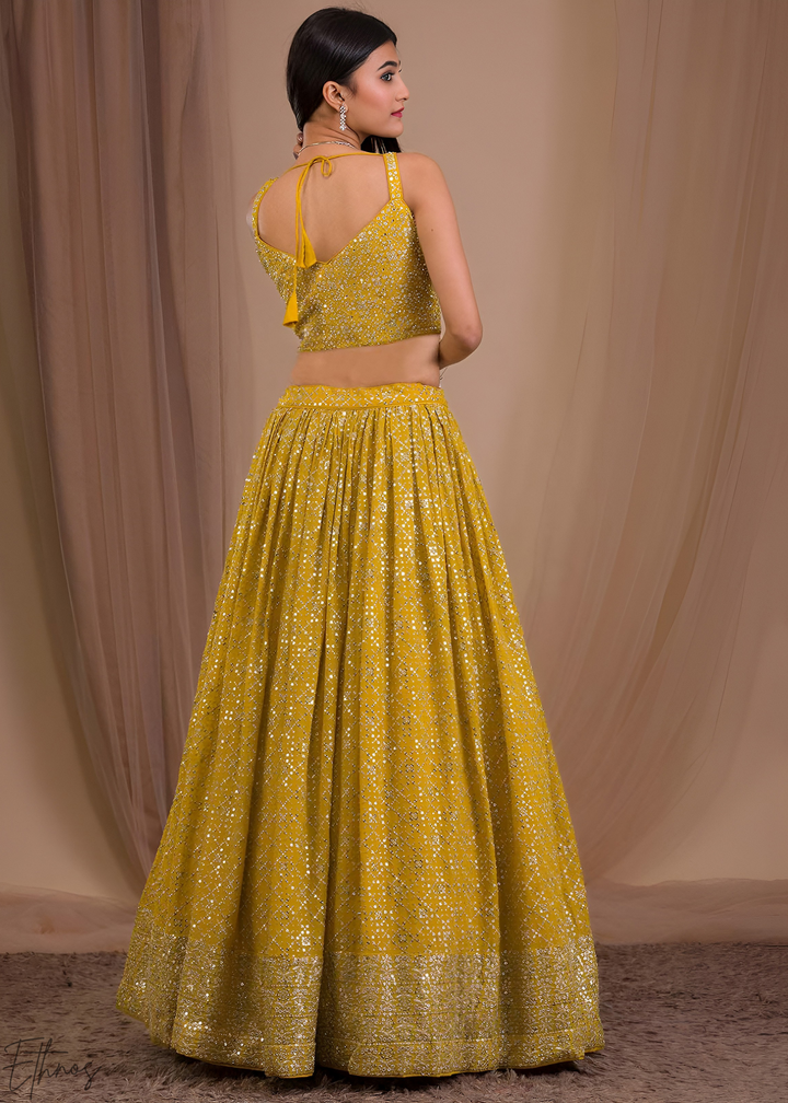 Mustard Gold Vertical-Stripe Georgette Lehenga
