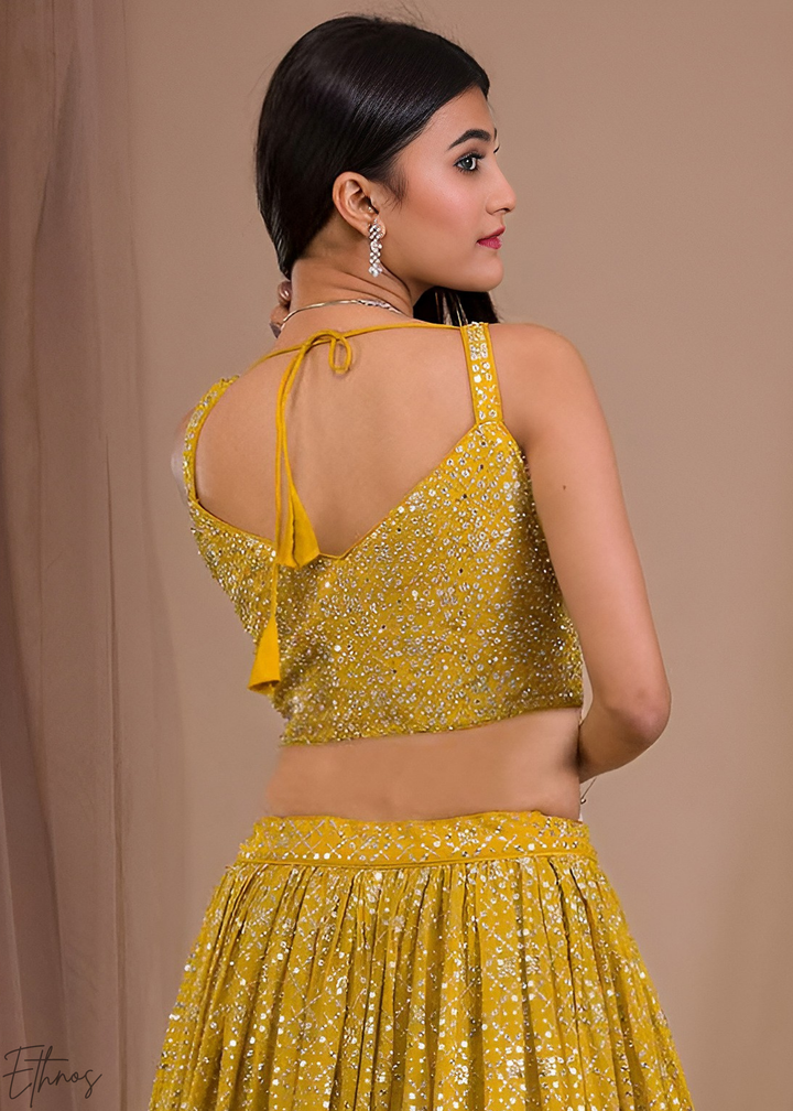 Mustard Gold Vertical-Stripe Georgette Lehenga