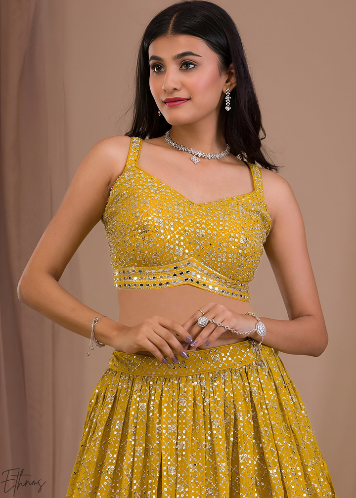 Mustard Gold Vertical-Stripe Georgette Lehenga