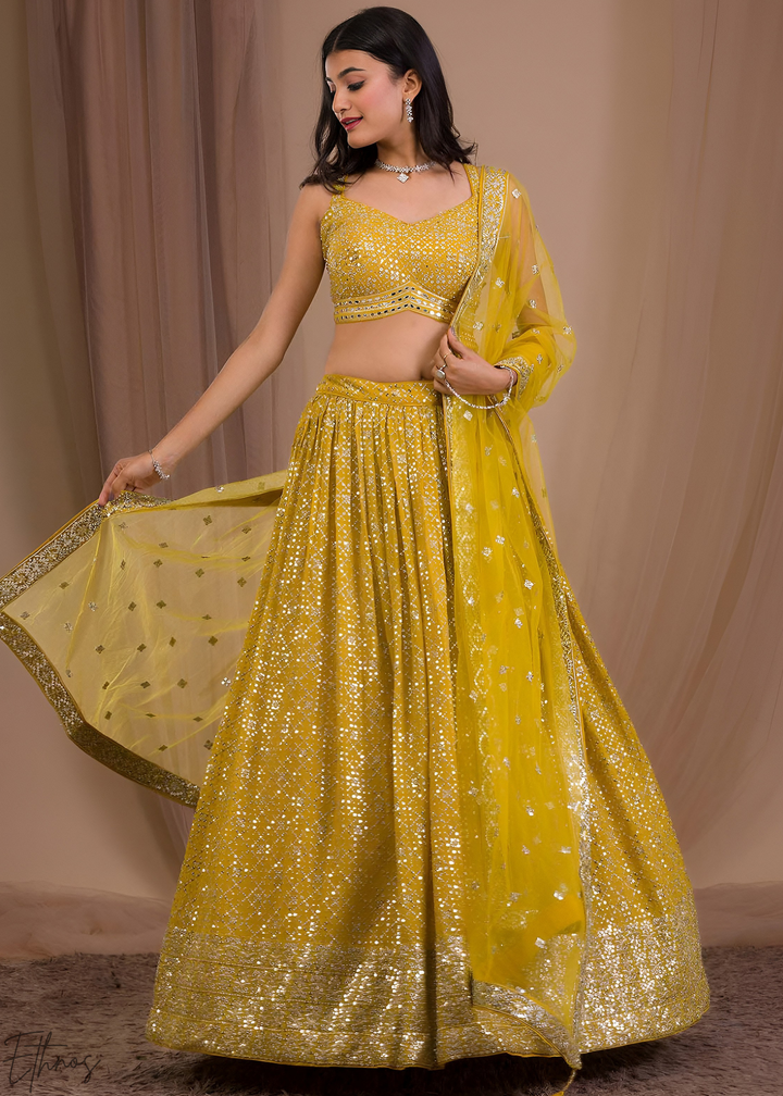 Mustard Gold Vertical-Stripe Georgette Lehenga