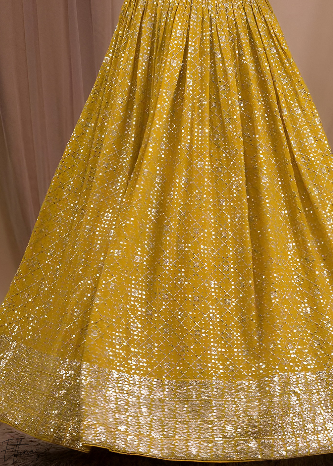 Mustard Gold Vertical-Stripe Georgette Lehenga