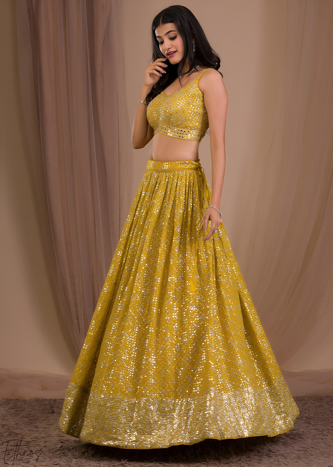 Mustard Gold Vertical-Stripe Georgette Lehenga