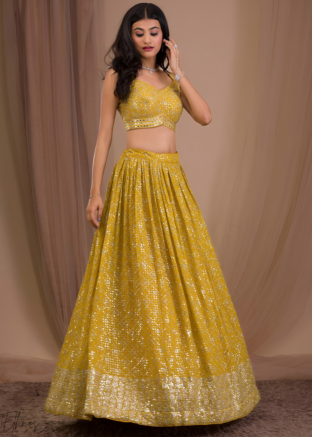 Mustard Gold Vertical-Stripe Georgette Lehenga