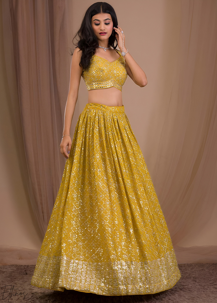 Mustard Gold Vertical-Stripe Georgette Lehenga
