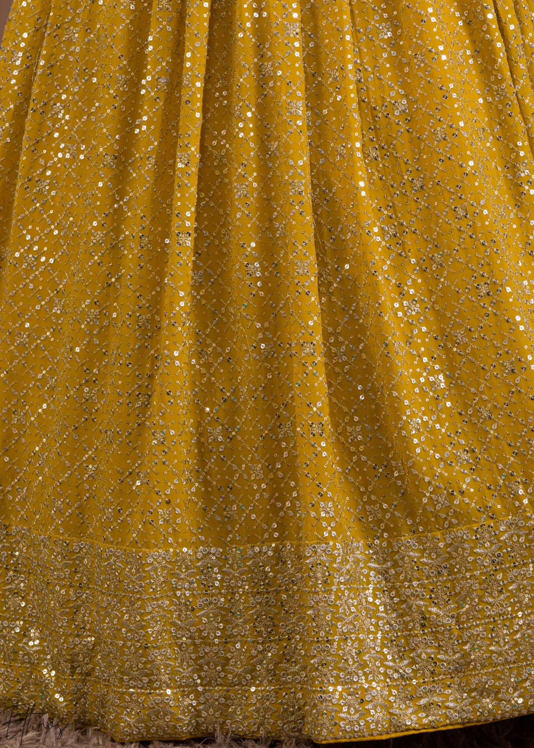 Mustard Gold Vertical-Stripe Georgette Lehenga