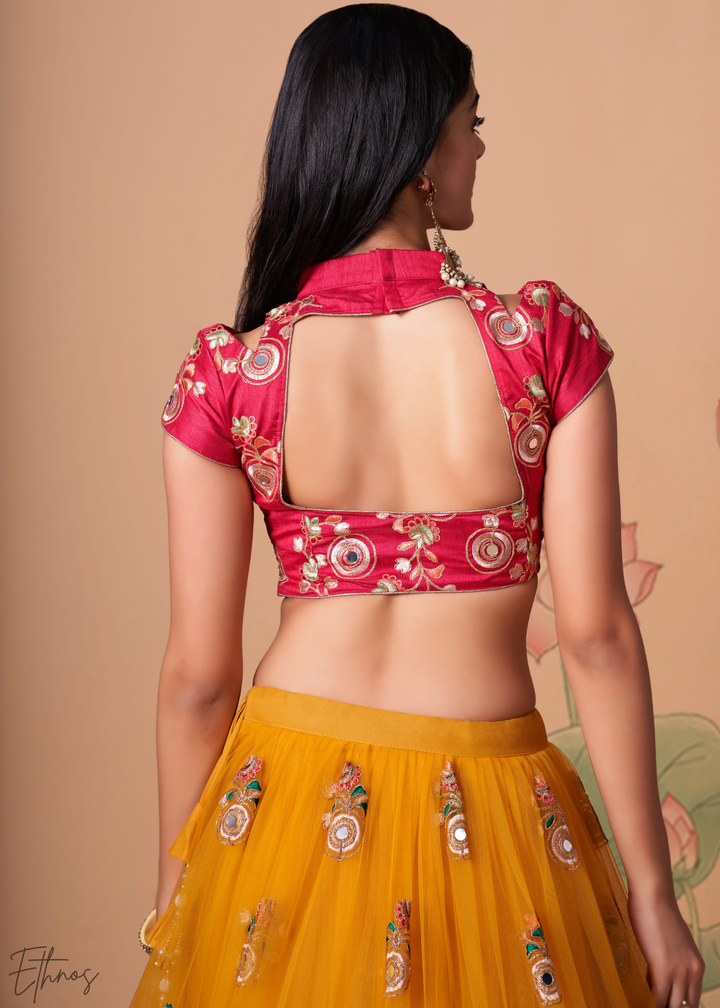 Mustard Opulent Floral Mirror Net Lehenga