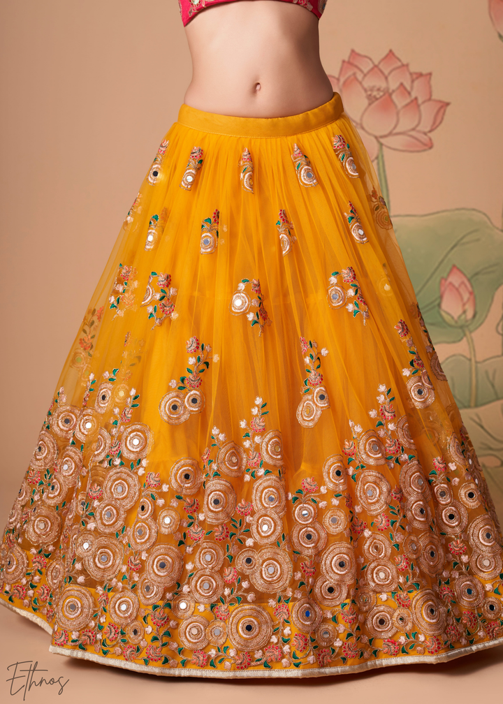 Mustard Opulent Floral Mirror Net Lehenga