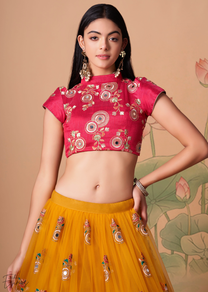 Mustard Opulent Floral Mirror Net Lehenga