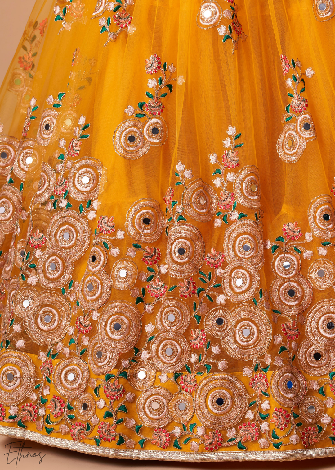 Mustard Opulent Floral Mirror Net Lehenga