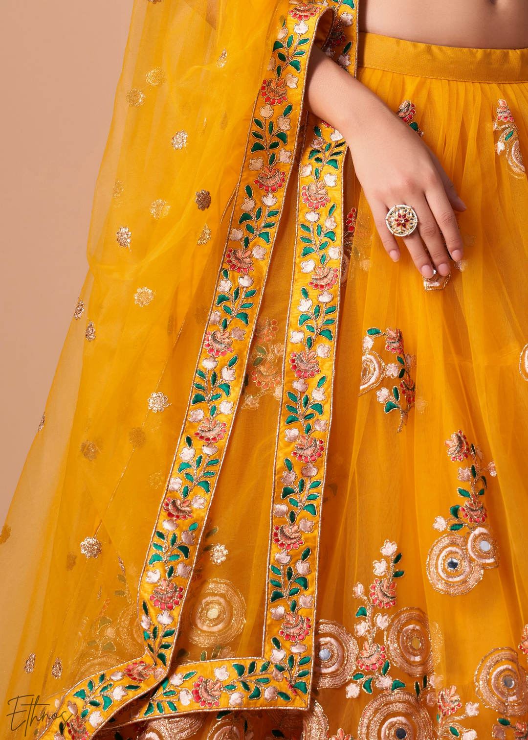 Mustard Opulent Floral Mirror Net Lehenga