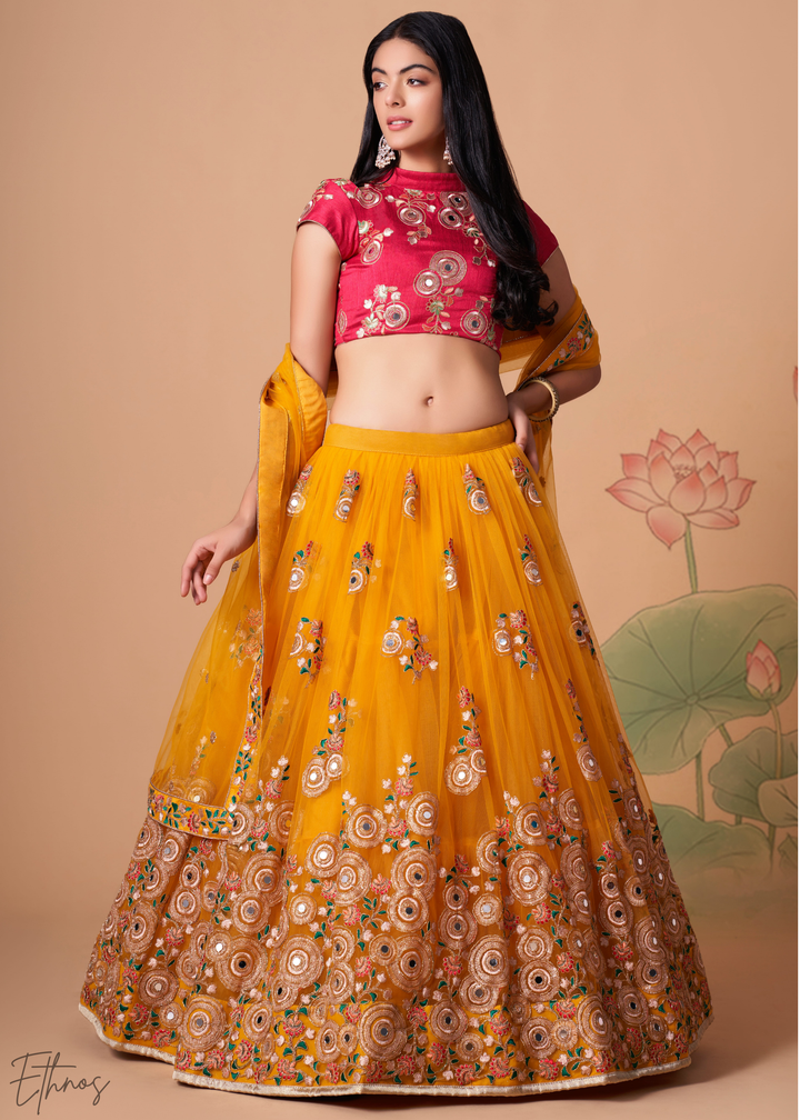 Mustard Opulent Floral Mirror Net Lehenga