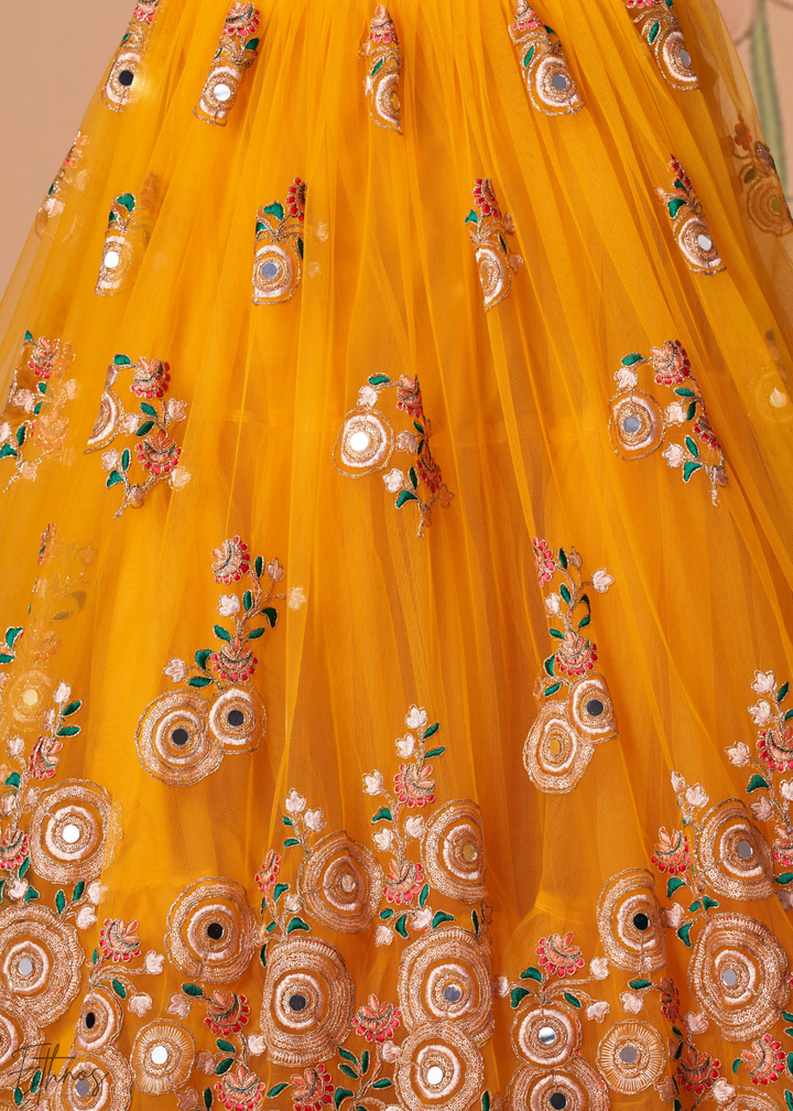 Mustard Opulent Floral Mirror Net Lehenga