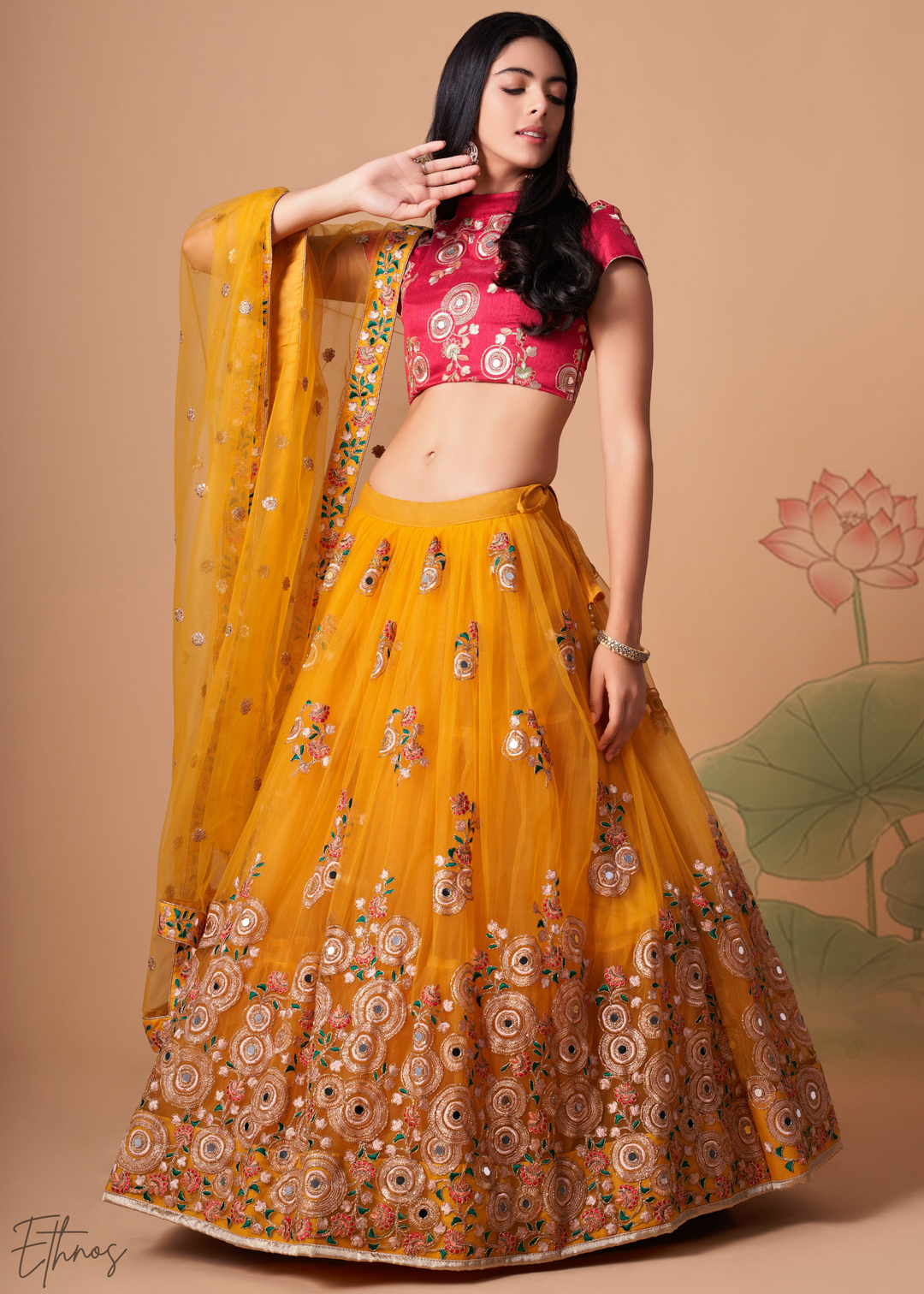 Mustard Opulent Floral Mirror Net Lehenga