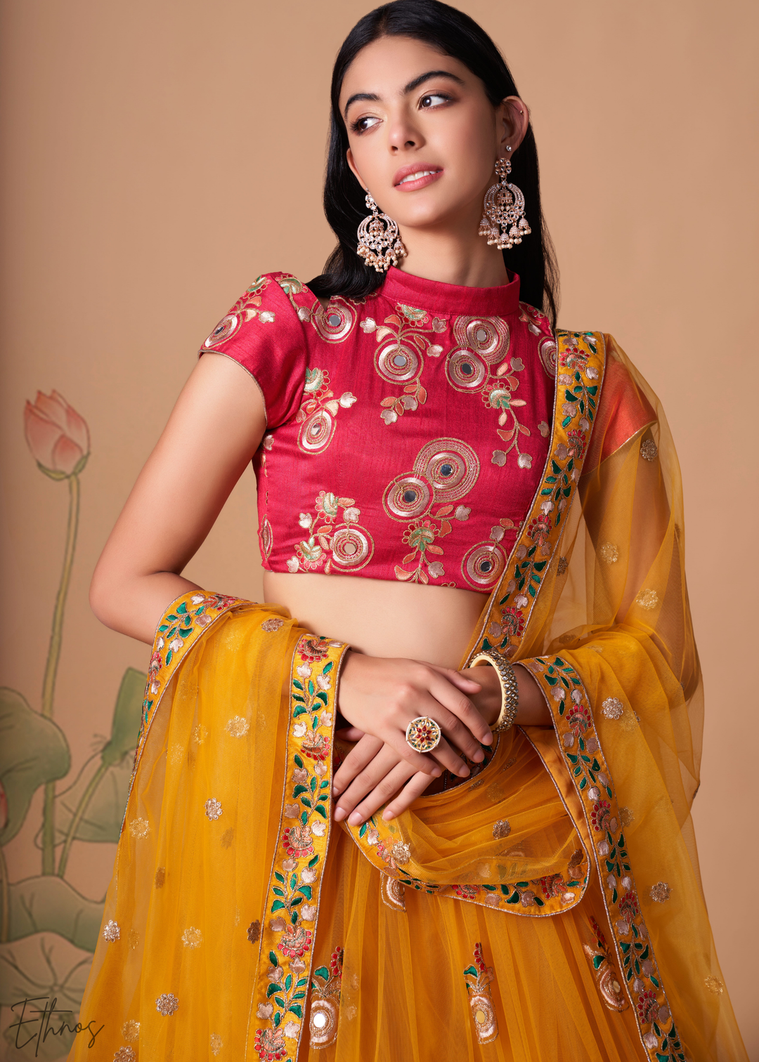 Mustard Opulent Floral Mirror Net Lehenga