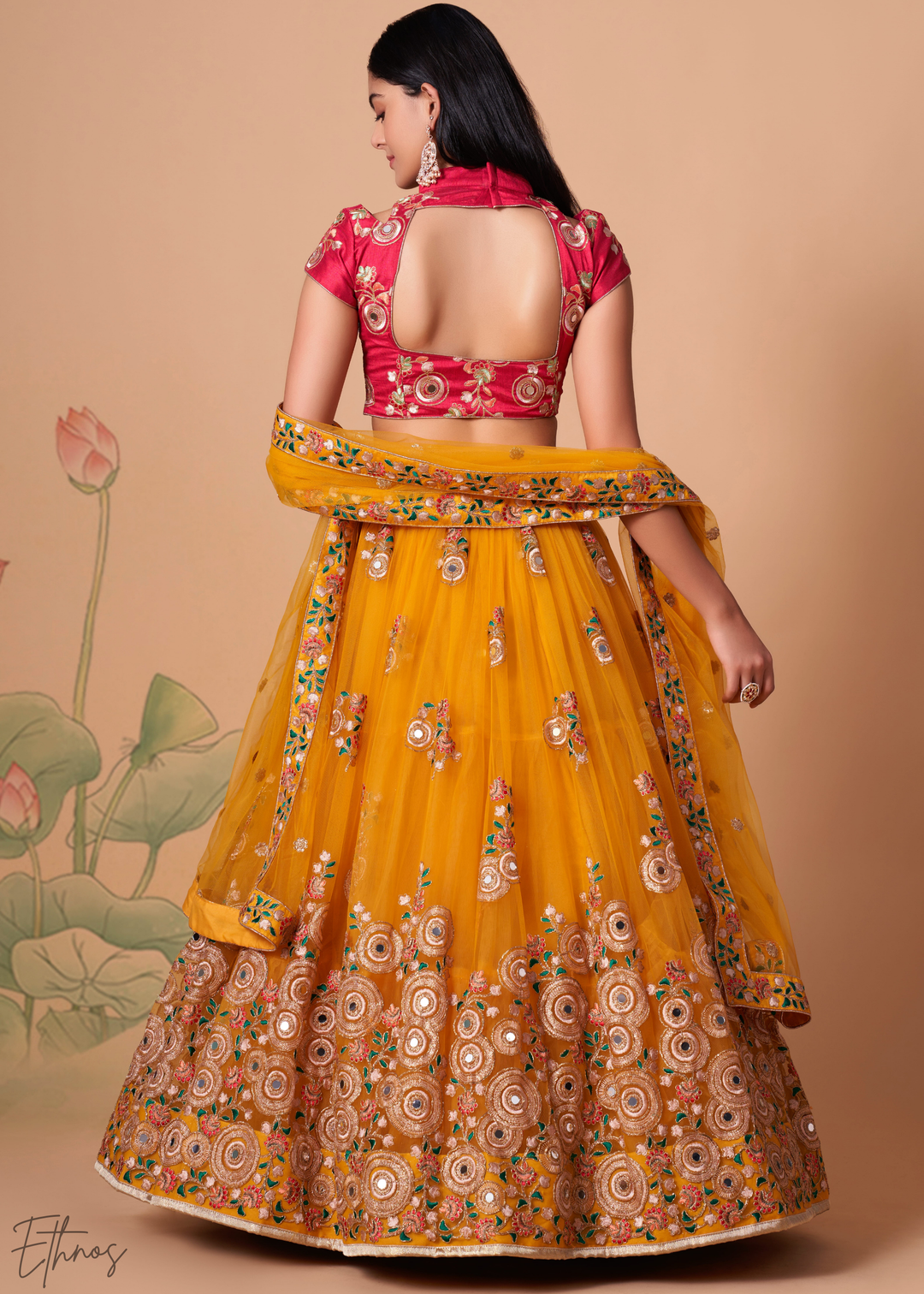 Mustard Opulent Floral Mirror Net Lehenga