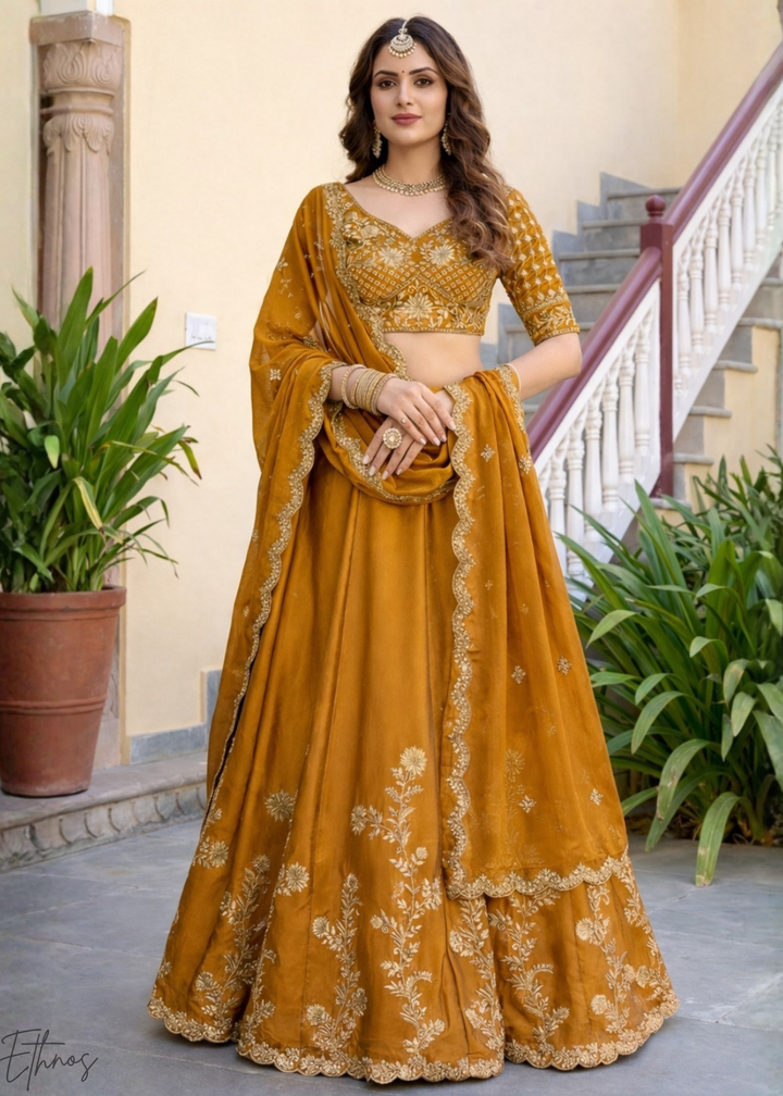 Mustard Floret Zari Rangoli Silk Lehenga