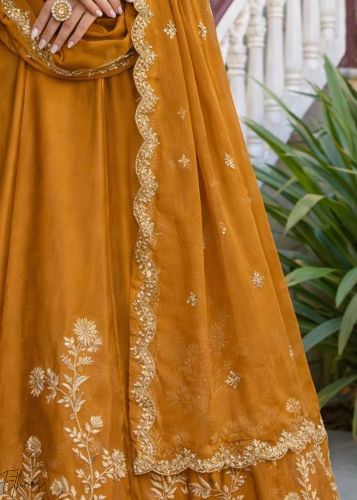 Mustard Floret Zari Rangoli Silk Lehenga