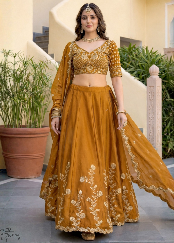 Mustard Floret Zari Rangoli Silk Lehenga