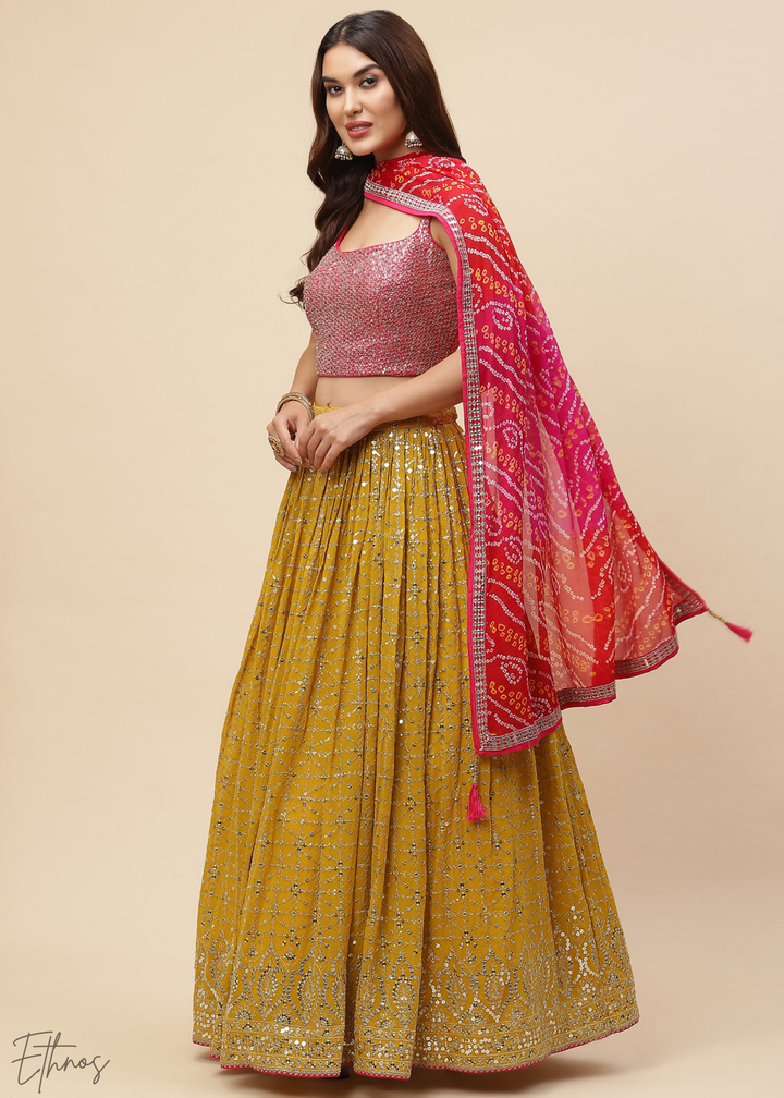 Mustard Sequins Georgette Lehenga