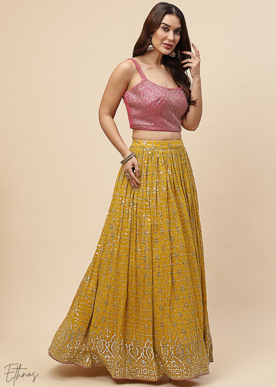 Mustard Sequins Georgette Lehenga