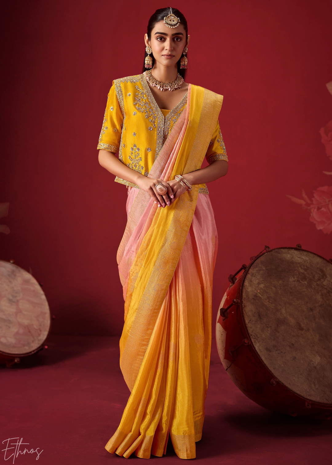 Mustard Textured Chevron Ombre Dola Silk Saree