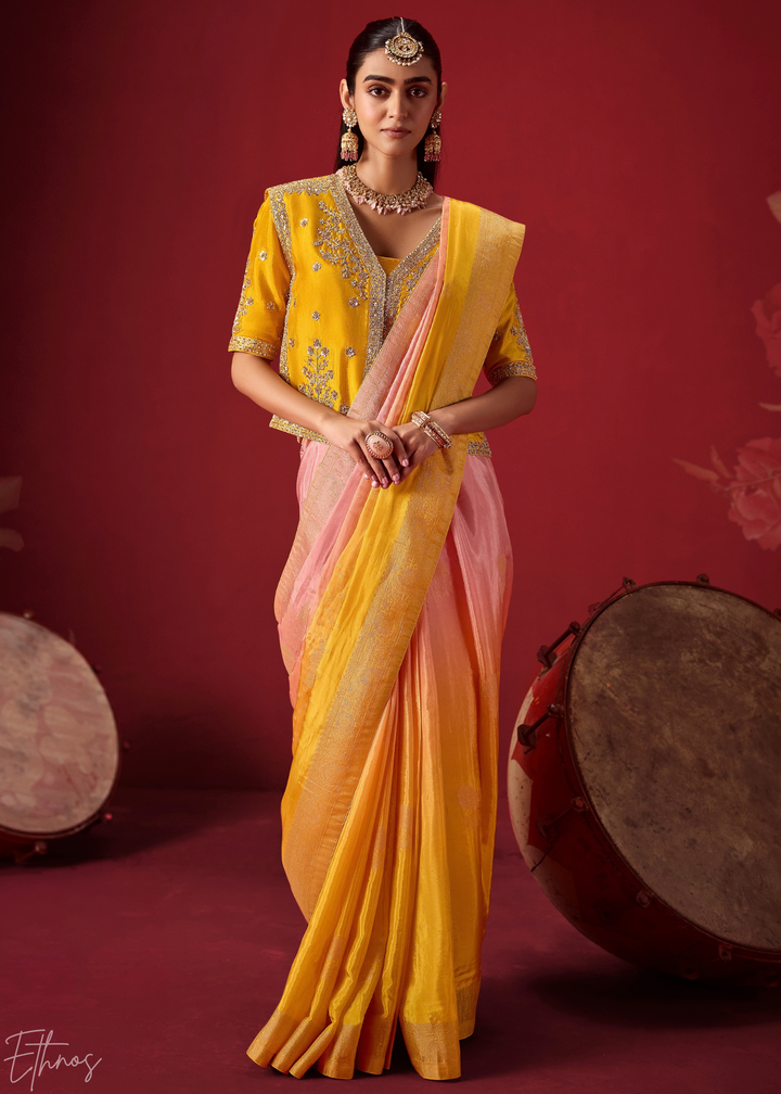 Mustard Textured Chevron Ombre Dola Silk Saree