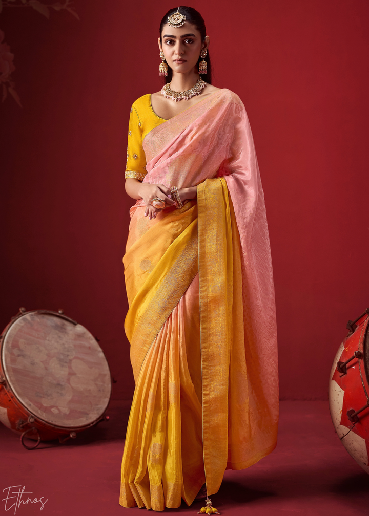 Mustard Textured Chevron Ombre Dola Silk Saree
