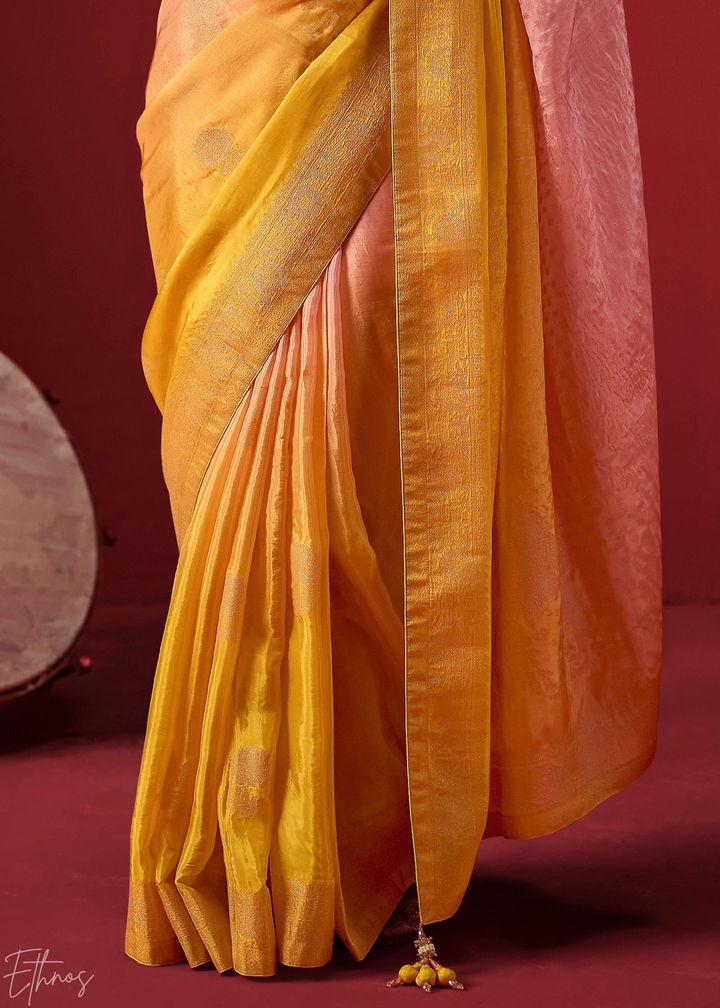 Mustard Textured Chevron Ombre Dola Silk Saree