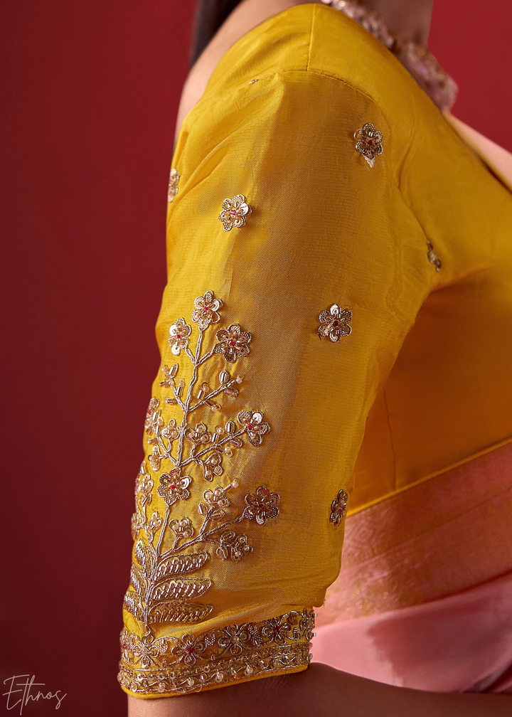 Mustard Textured Chevron Ombre Dola Silk Saree