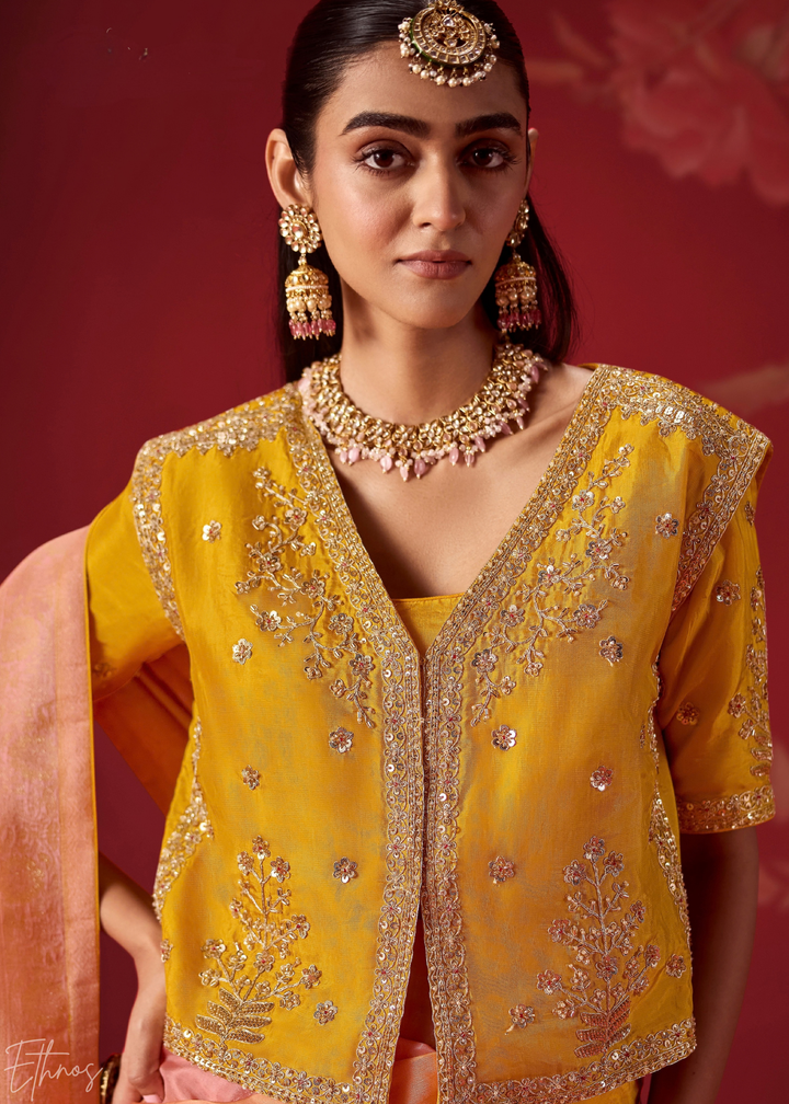 Mustard Textured Chevron Ombre Dola Silk Saree