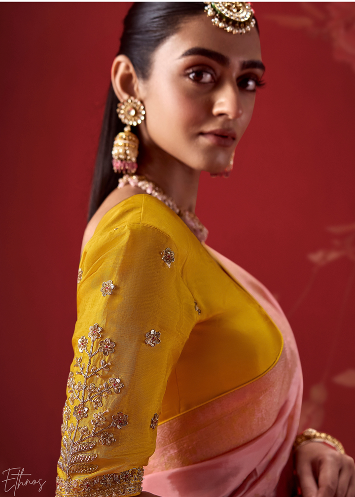 Mustard Textured Chevron Ombre Dola Silk Saree