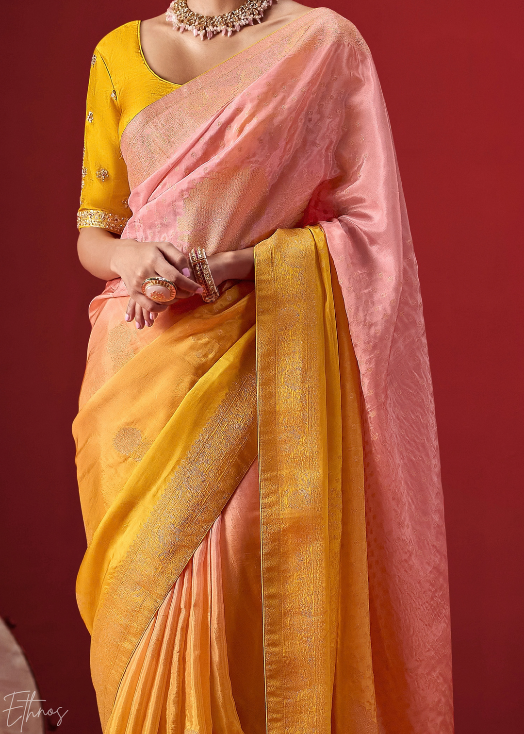 Mustard Textured Chevron Ombre Dola Silk Saree