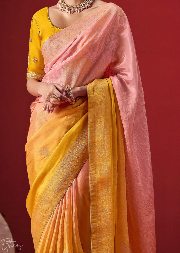 Mustard Textured Chevron Ombre Dola Silk Saree